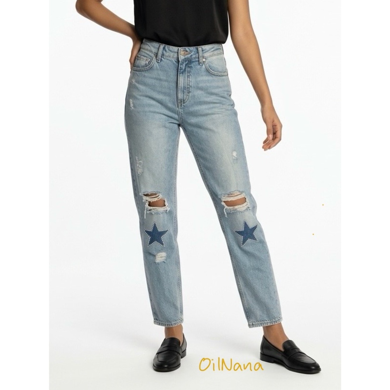 Sandro Paris Monaco Pearl Star Embellished Patch Jeans Womens 25" Blue Light